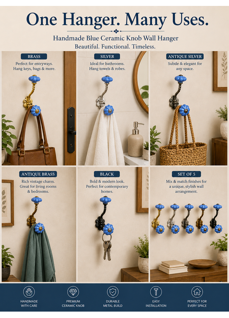 Beautiful Ceramic Blue Knob With Metal Wall Hanger