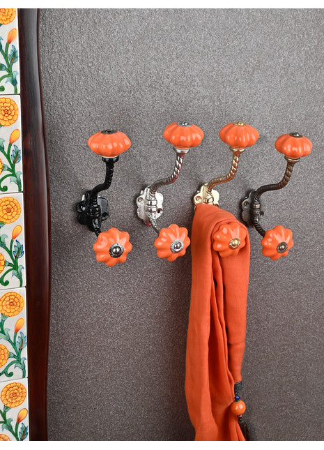 Orange Ceramic Flower Knob With Metal Wall Hanger