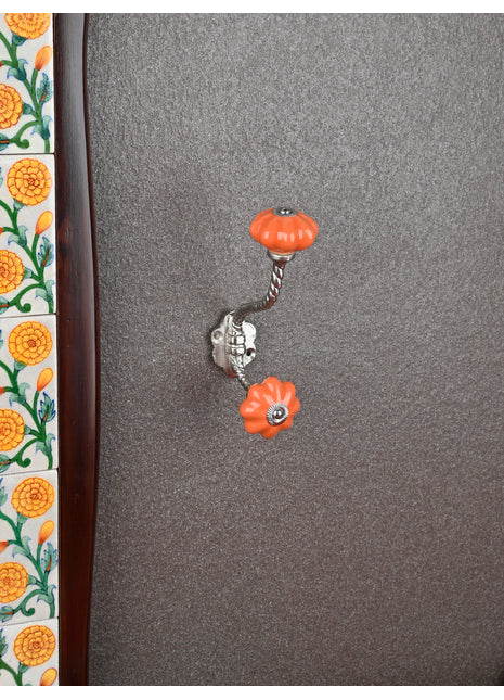 Orange Ceramic Flower Knob With Metal Wall Hanger