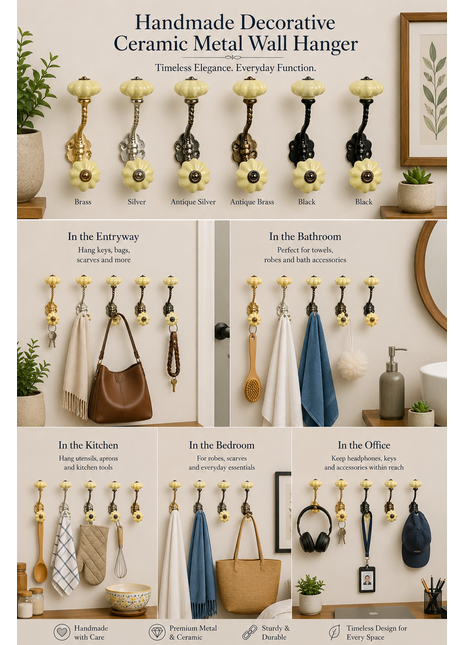 Decorative Ceramic Metal Wall Hanger With Yellow Knob