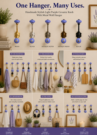 Stylish Light Purple Ceramic Knob With Metal Wall Hanger