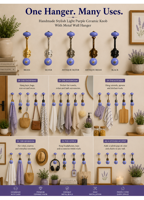 Stylish Light Purple Ceramic Knob With Metal Wall Hanger