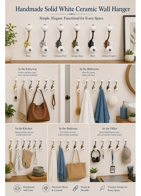 Round Solid White Colored Knob With Metal Wall Hanger