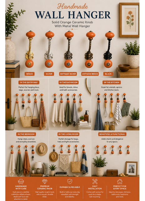 Solid Orange Colored Knob With Metal Wall Hanger
