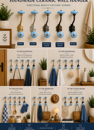 Solid Round Shape Turquoise Color Knob With Metal Wall Hanger