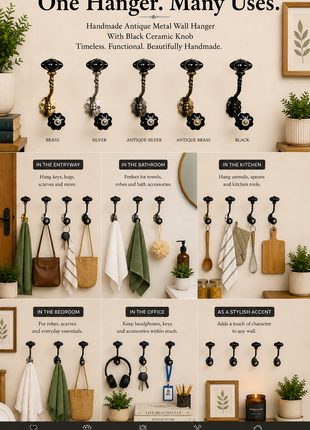 Antique Metal Wall Hook With Black Ceramic Knob