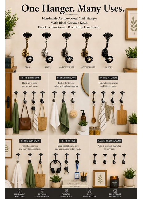 Antique Metal Wall Hook With Black Ceramic Knob