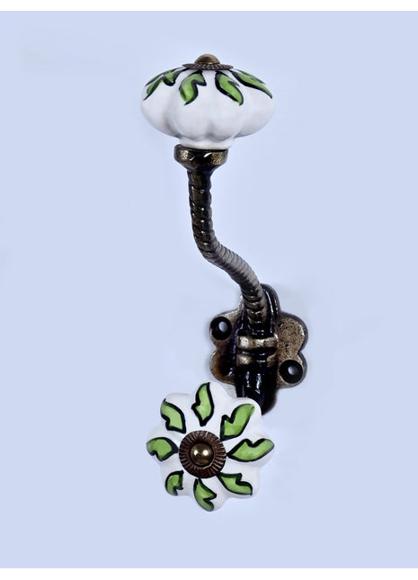 Green Leaf On White Ceramic Knob With Metal Wall Hanger