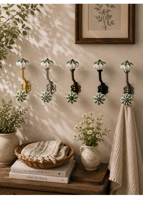 Green Leaf On White Ceramic Knob With Metal Wall Hanger