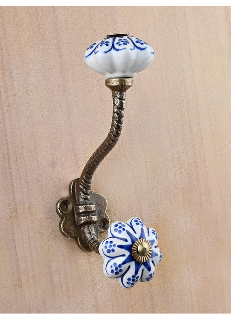 Flower Shaped Blue Design Ceramic Cabinet Knob With Metal Wall Hanger