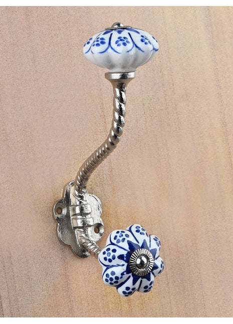 Flower Shaped Blue Design Ceramic Cabinet Knob With Metal Wall Hanger