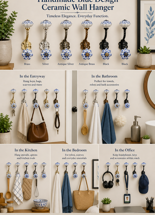 Flower Shaped Blue Design Ceramic Cabinet Knob With Metal Wall Hanger