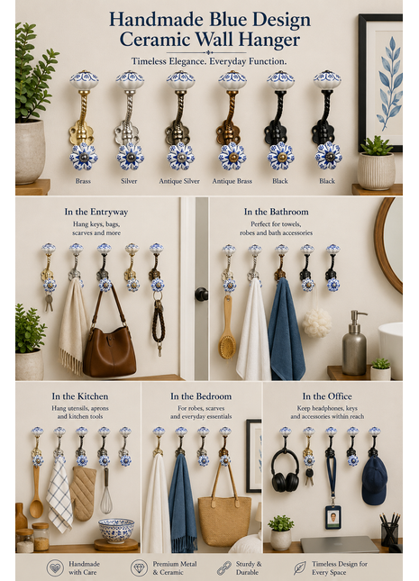 Flower Shaped Blue Design Ceramic Cabinet Knob With Metal Wall Hanger