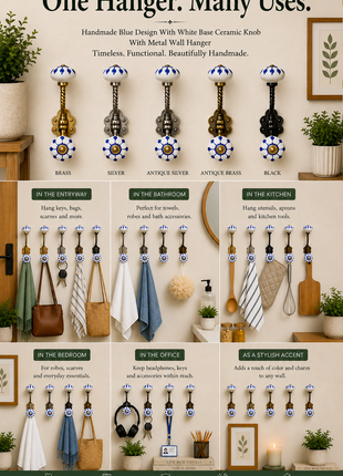 Blue Design With White Base Ceramic Knob With Metal Wall Hanger