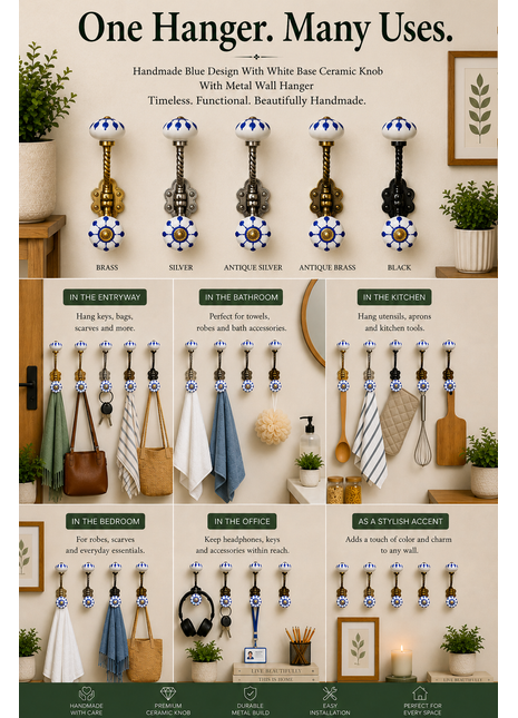 Blue Design With White Base Ceramic Knob With Metal Wall Hanger