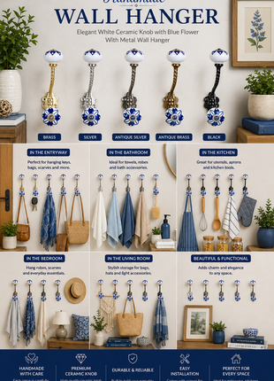 Elegant White Ceramic Knob with Blue flower With Metal Wall Hanger