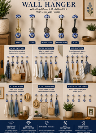 White Royal Ceramic Knob Blue Print With Metal Wall Hanger