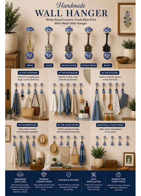 White Royal Ceramic Knob Blue Print With Metal Wall Hanger