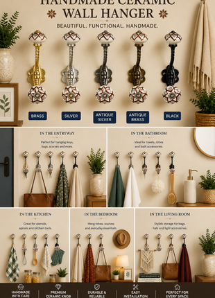 White Ceramic Knob Brown Flower With Metal Wall Hanger