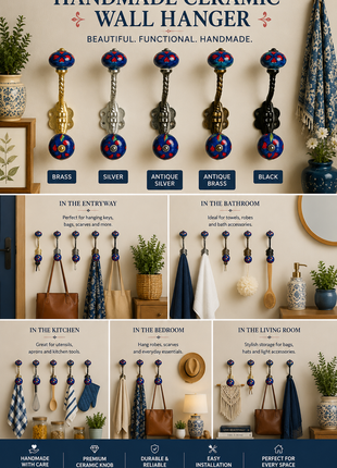 Blue Round Knob With Red Design With Metal Wall Hanger