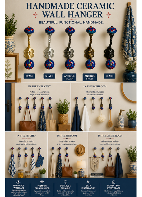 Blue Round Knob With Red Design With Metal Wall Hanger