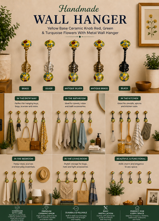 Yellow Base Ceramic Knob Red, Green And Turquoise Flowers With Metal Wall Hanger