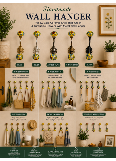 Yellow Base Ceramic Knob Red, Green And Turquoise Flowers With Metal Wall Hanger