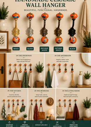 Round Orange Knob Beautifully Hand Painted Flowers With Metal Wall Hanger