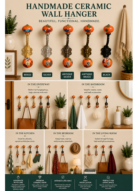 Round Orange Knob Beautifully Hand Painted Flowers With Metal Wall Hanger