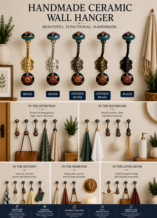 Elegant Blue Ceramic Knob Green Leaves With Metal Wall Hanger
