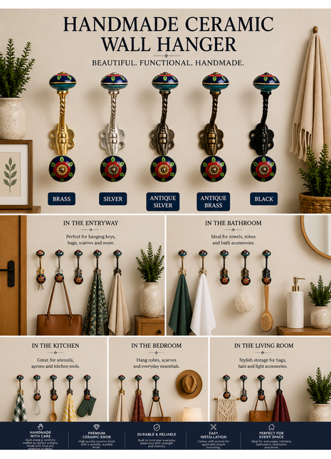Elegant Blue Ceramic Knob Green Leaves With Metal Wall Hanger