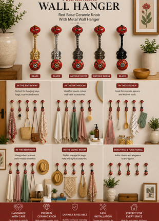 Red Base Ceramic Knob Multicolor Print With Metal Wall Hanger