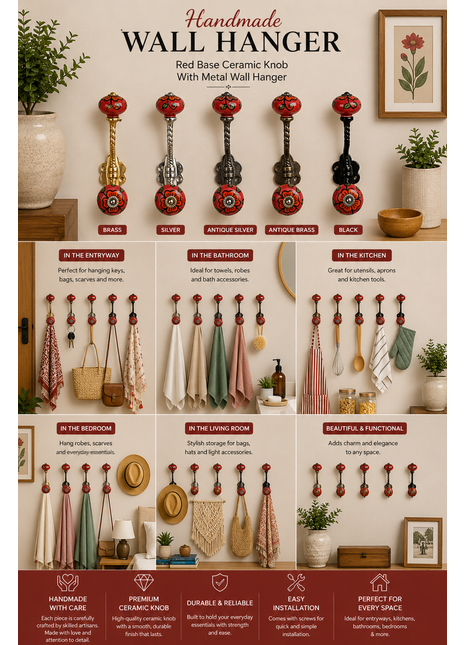 Red Base Ceramic Knob Multicolor Print With Metal Wall Hanger