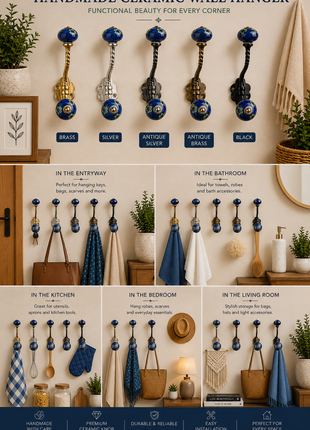 Elegant Blue Ceramic Cabinet Knob With Metal Wall Hanger
