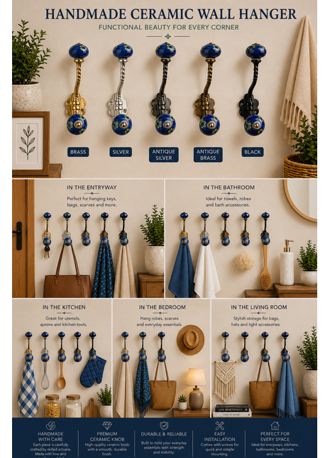 Elegant Blue Ceramic Cabinet Knob With Metal Wall Hanger