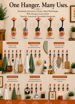 Decorative Ceramic Metal Wall Hanger With Orange Ceramic Knob