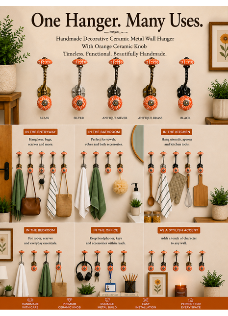 Decorative Ceramic Metal Wall Hanger With Orange Ceramic Knob