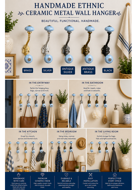 Ethnic Ceramic Metal Wall Hanger With Ceramic Knob