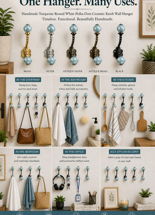 Turquoise Round White Polka Dots Knob With Metal Wall Hanger