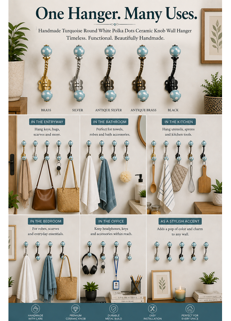 Turquoise Round White Polka Dots Knob With Metal Wall Hanger