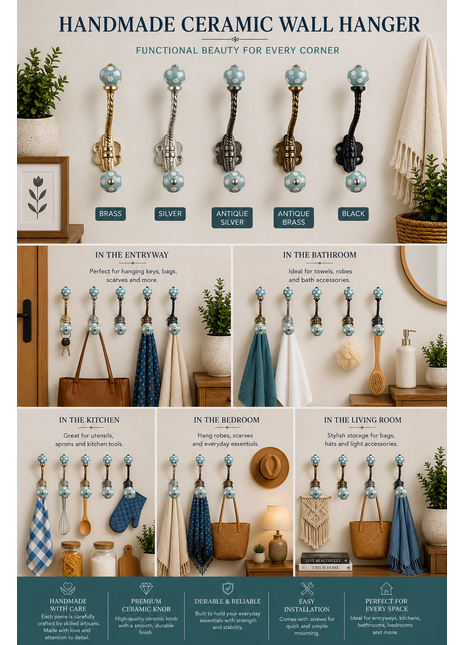 Turquoise Round White Polka Dots Knob With Metal Wall Hanger