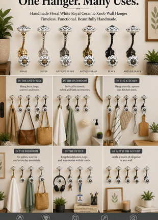 Floral White Royal Ceramic Knob With Metal Wall Hanger