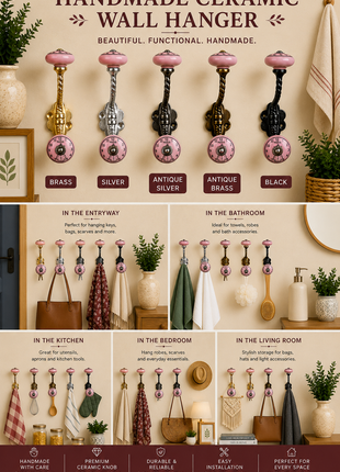 Round Pink Clock Ceramic Knob With Metal Wall Hanger