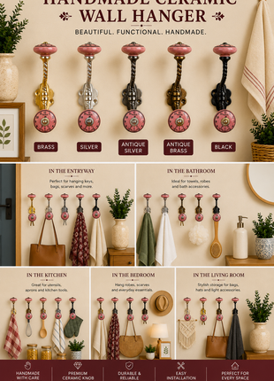 Dark Pink Clock Ceramic Knob With Metal Wall Hanger