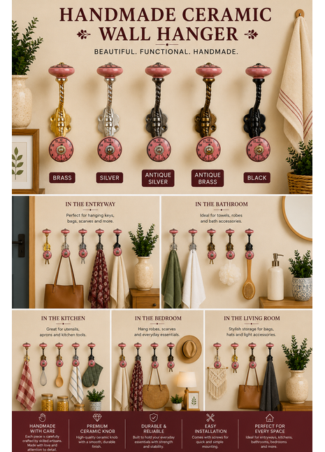 Dark Pink Clock Ceramic Knob With Metal Wall Hanger