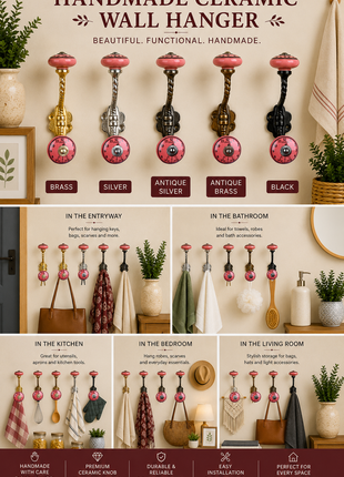 Solid Round Dark Pink Ceramic Knob With Wall Hanger