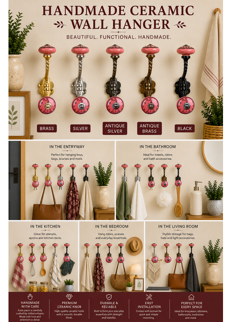 Solid Round Dark Pink Ceramic Knob With Wall Hanger