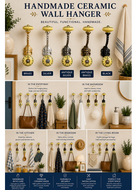 Round Yellow Clock Ceramic Knob With Metal Wall Hanger