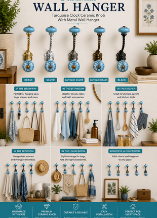 Turquoise Clock Ceramic Knob With Metal Wall Hanger