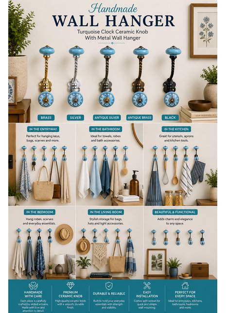 Turquoise Clock Ceramic Knob With Metal Wall Hanger